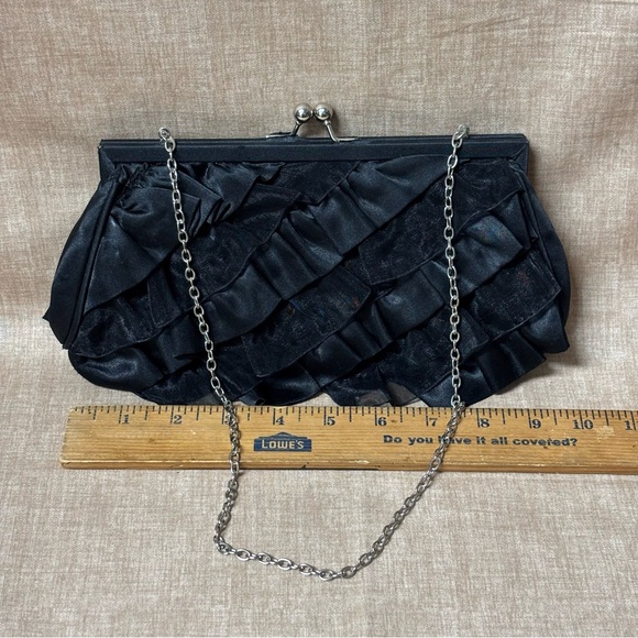 White House Black Market Black Ruffle Evening Clutch Purse Shoulder Bag Satin - Picture 5 of 6